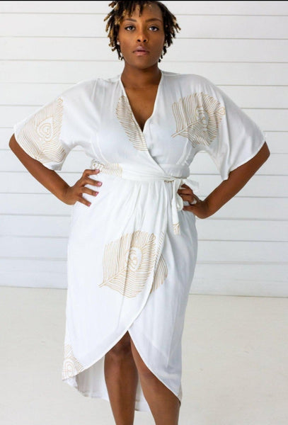 Peacock Maxi Wrap Dress in White + Gold ...